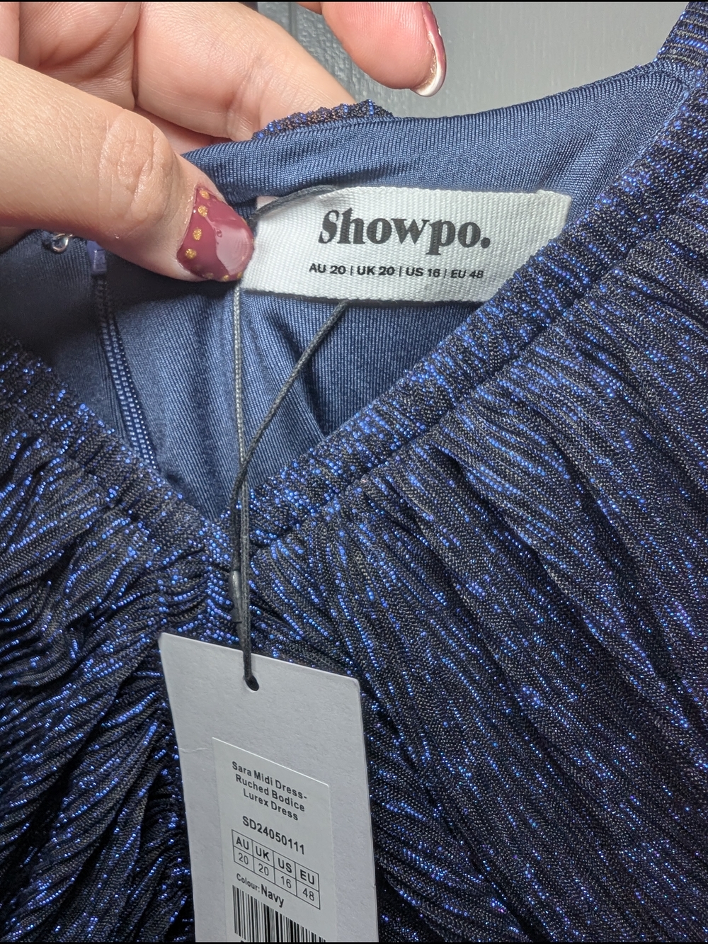 NWT Showpo. Navy Blue Metallic Ruched Maxi Dress